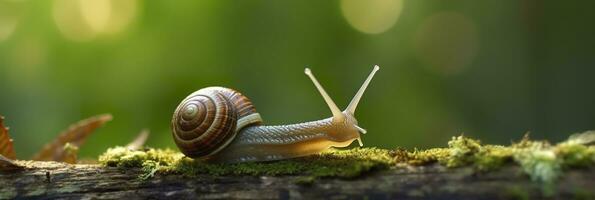 A Journey Through the Forest. Close-up of a Snail in the Forest with Natural Background. AI Generative photo