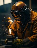 Portrait of a welder working in a factory. He is wearing protective clothing and welding mask. photo