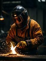 Portrait of a welder working in a factory. He is wearing protective clothing and welding mask. photo