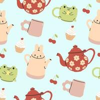 Seamless pattern with cute cups and teapots. Vector graphics.