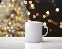White mug on a white table with bright lights in defocus and gifts in the background. Close-up of a ceramic cup for advertising and design for New Year and Christmas. Generative AI photo