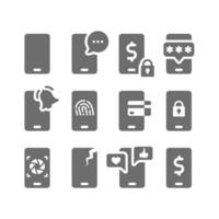 Smartphone with payment, social media and password icon set. Using phone and usage vector icons.