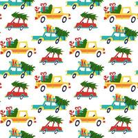 Seamless Christmas pattern with cars carrying Christmas tree and gifts. A variety of geometric cars on a white. It can be used in the textile industry, paper production, background, scrapbooking vector