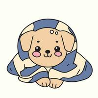 Cute little dog wrapped in blanket. Puppy in blanket colored outline. Hand drawn vector art.