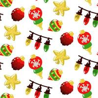 Seamless pattern for Christmas and New Year's events. Illustrations of Christmas tree toys, a star top, a garland on a white background. Use as packaging, printing on textiles. Children's illustration vector