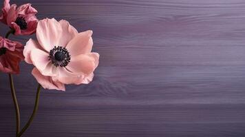 Anemone on Rustic Wood Background with Copy Space, AI Generative photo