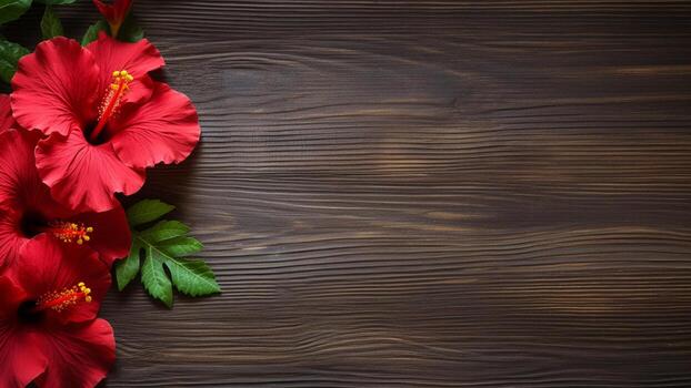 hibisco flor en madera antecedentes con Copiar espacio, ai generativo foto