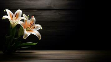 Beautiful Lily Flower on Wood Background with Copy Space, AI Generative photo