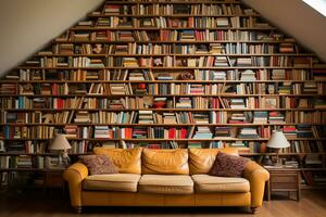 A wall with overflowing bookshelves up to the ceiling, a sofa next to the bookshelves. Generated by artificial intelligence photo