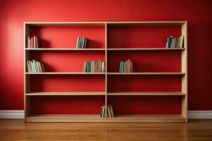 Wooden bookcase with books on shelves near a red wall on a wooden floor. Generated by artificial intelligence photo