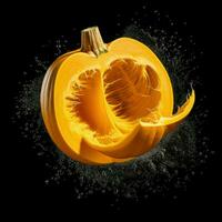 AI Generative a pumpkin is being thrown on the black background photo