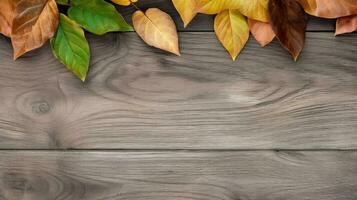 AI Generative leaves on wood background photo