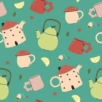 Seamless pattern with cute cups and teapots. Vector graphics.