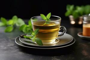 A photo of Cup of green tea with mint leaves on dark background, closeup Generative AI