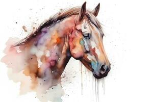 Watercolor portrait of a horse with splashes of paint on a white background. AI generated illustration. photo