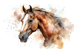 Watercolor portrait of a horse with splashes of paint on a white background. AI generated illustration. photo