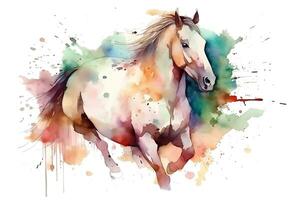 Watercolor portrait of a horse with splashes of paint on a white background. AI generated illustration. photo