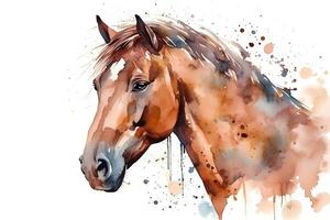 Watercolor portrait of a horse with splashes of paint on a white background. AI generated illustration. photo