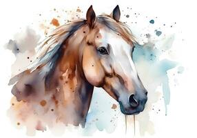 Watercolor portrait of a horse with splashes of paint on a white background. AI generated illustration. photo