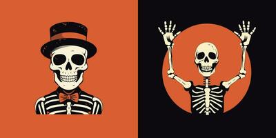 Skull in top hat and bowler hat. Vector illustration.