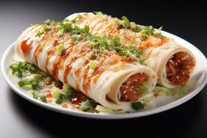 Image of Pistachio Pavlova with Caramelized Peanut Sauce in plate Generative AI photo