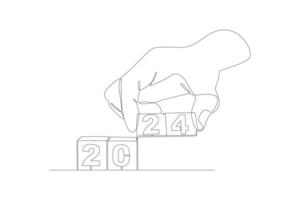 Continuous one line drawing 2024 Happy New Year logo text design. Doodle vector illustration.