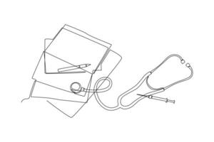 One continuous line drawing of Pharmaceuticals and medication. Medical concept. Doodle vector illustration in simple linear style.