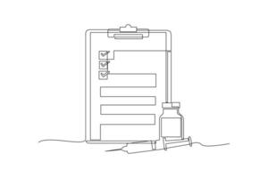 One continuous line drawing of Pharmaceuticals and medication. Medical concept. Doodle vector illustration in simple linear style.