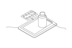 One continuous line drawing of Pharmaceuticals and medication. Medical concept. Doodle vector illustration in simple linear style.