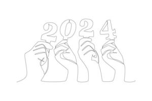 Continuous one line drawing 2024 Happy New Year logo text design. Doodle vector illustration.