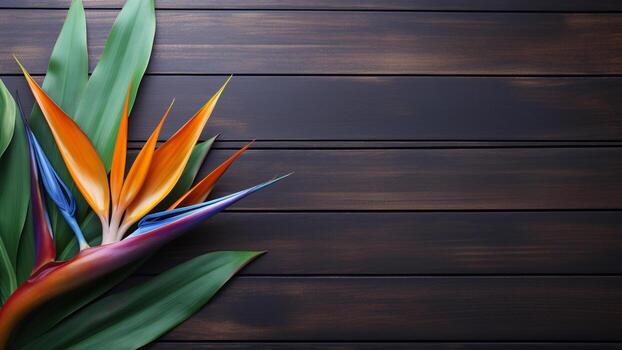 pájaro de paraíso flor en madera antecedentes con Copiar espacio, ai generativo foto