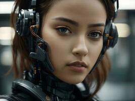 Portrait of a female robot with headphones. The concept of artificial intelligence. photo