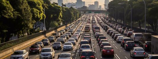 imagen de tráfico mermelada en la carretera. tráfico mermelada a prisa hora. tráfico bloquear a la carretera generativo ai foto