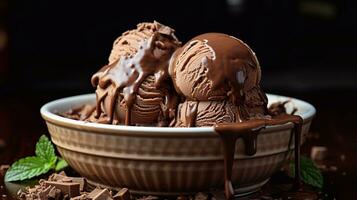 image of Chocolate ice cream with chocolate topping in a bowl on black background Generative AI photo