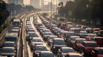 Traffic jam in road. Traffic jam at rush hour. traffic block at road Generative AI photo