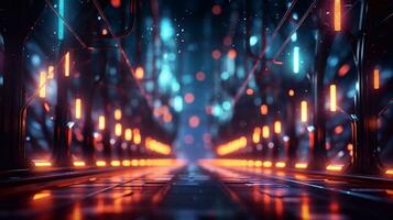 Futuristic corridor with neon lights and reflections 3D rendering background Generative AI photo