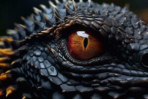 Close up of Iguana eye, dragon eye, dinosaur eye Generative AI photo