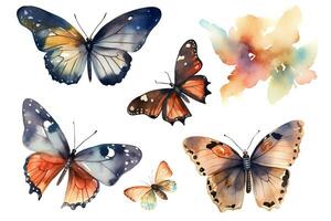 Watercolor butterflies, moths with splashes of paint on a white background. AI generated illustration. photo