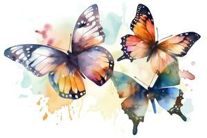 Watercolor butterflies, moths with splashes of paint on a white background. AI generated illustration. photo