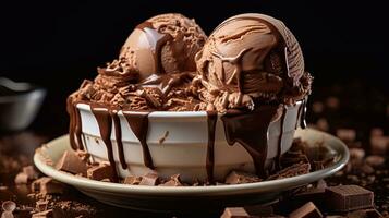 Chocolate ice cream with chocolate topping in a bowl on black background Generative AI photo