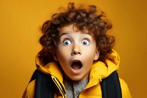 A image of Surprised curly boy in yellow jacket and backpack on yellow background back to school day concept Generative AI photo