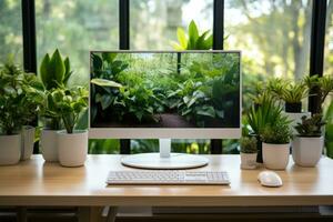 A image of Modern computer screen with blank screen and coffee cup on wooden table in office Generative AI photo