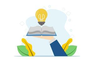 concept of knowledge or education, studying or learning a new skill, idea, reading a book for inspiration, searching for solutions or literature, holding an open book to find an idea light bulb. vector