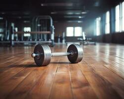 par de pesas en un de madera piso en un gimnasia. genial para aptitud física, ejercicio, y ejercicio conceptos. generativo ai foto