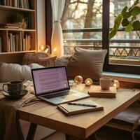 3D rendering of a cozy living room with a work desk, perfect for remote work. Wooden floor, brick wall, and soft furnishings create a warm. Comfortable place to work from home. Generative AI photo