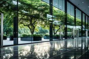 Green oasis in the city. Modern office building with lush trees in the foreground. Generative AI photo