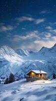 Winter wonderland panorama, wooden house in snowy mountains under starry sky. Generative AI photo