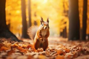 Wild brown squirrel with fluffy tail standing on autumn forest path. Orange tree leaves in fall city park. Nature scene in sunset fog. Scenic scenery with bright sunlight. Generative AI photo