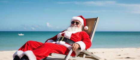 Santa Claus relaxing on tropical beach. He is lying on a sunlounger, sipping a cocktail, and enjoying the sunshine. Perfect for creating Christmas cards, posters, or other holiday. Generative AI photo