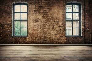 3D rendering of an empty room with big window in loft style. Wooden floor and brick wall in a modern interior. Bright and spacious space with a lot of natural light. copy space. Generative AI photo